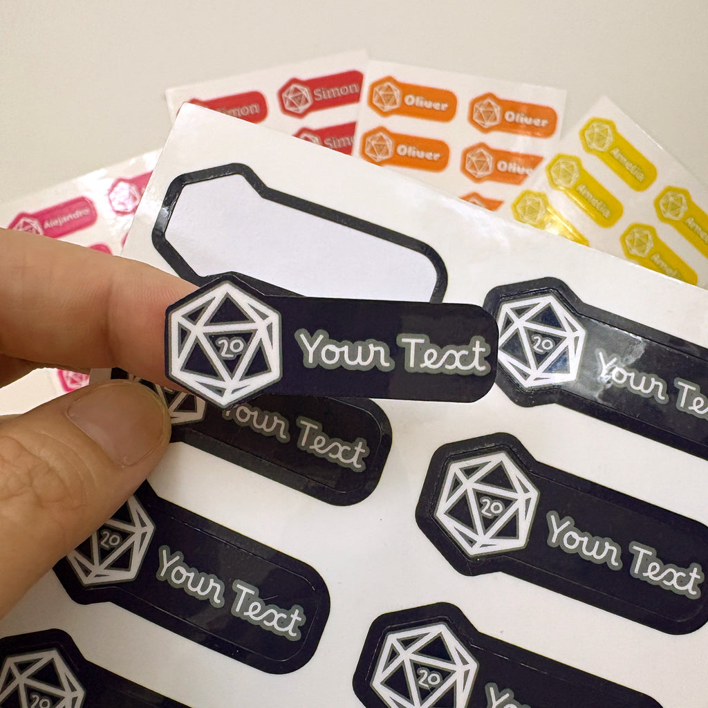 Custom Label Sticker Sheets (D20 Dice Edition) - 12 Personalized Water-Resistant Labels