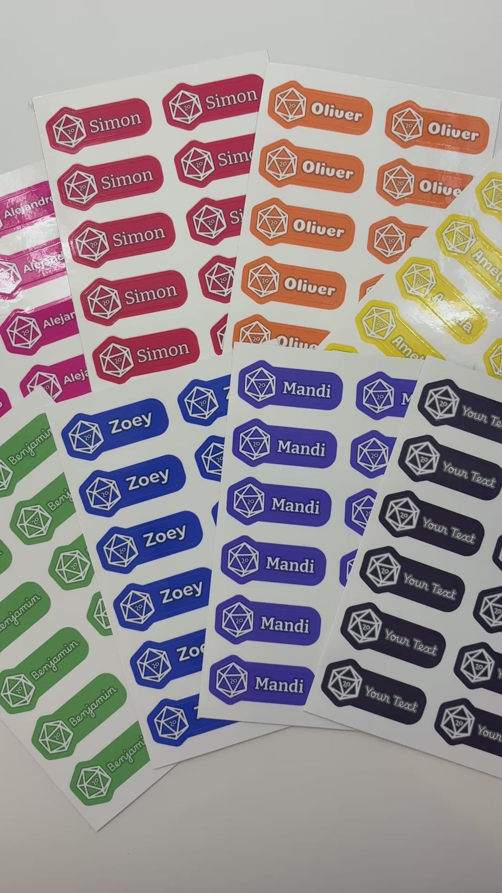 Custom Label Sticker Sheets (D20 Dice Edition) - 12 Personalized Water-Resistant Labels